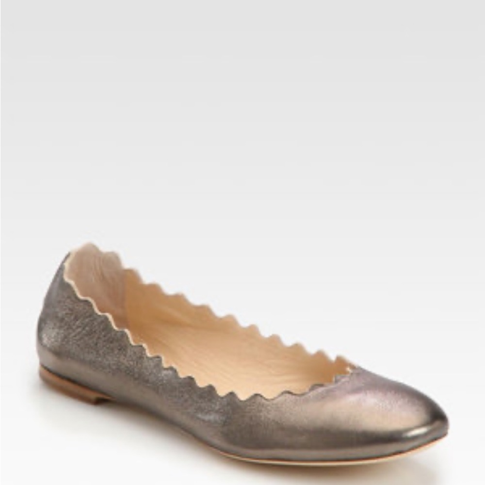 Chloe Women’s Scalloped Flats Leather Dark Pewter Gray / Metallic 37.5